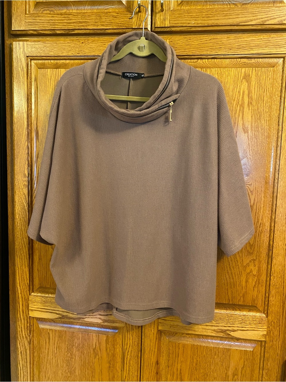 Taupe Cowl-Neck Short Sleeve Sweater with Zip